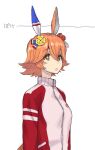  1girl animal_ears brown_eyes daruma_doll ear_covers ema eyebrows_visible_through_hair gym_uniform highres horse_ears horse_girl horse_tail jacket matikanefukukitaru_(umamusume) omamori orange_hair red_jacket short_hair single_ear_cover solo tail track_jacket track_suit tsuji_santa umamusume 