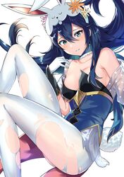  1girl alternate_costume ameno_(a_meno0) animal_ears bangs bare_shoulders blue_eyes blue_hair blue_leotard breasts bunny_tail coattails fire_emblem fire_emblem_heroes gloves hair_between_eyes highres leotard long_hair lucina_(fire_emblem) medium_breasts pantyhose rabbit_ears tail torn_clothes torn_legwear white_gloves white_legwear 