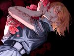  1girl blood bloody_hands body_markings chinese_commentary dutch_angle facial_mark flower glowing glowing_eye highres holding holding_flower jujutsu_kaisen kugisaki_nobara nji04358659 orange_eyes orange_hair red_flower red_rose rose school_uniform shirt short_hair solo torn_clothes torn_shirt underlighting 