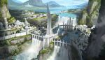  bird bridge building city clouds day dhhan english_commentary mountain no_humans original river scenery statue wall water waterfall 