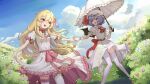  2girls aoaoaoao_(baiyanheibing) blonde_hair blue_sky bush clouds commentary_request day dress dress_lift flower frilled_umbrella hair_between_eyes hat hat_ribbon highres long_hair looking_at_another mob_cap multiple_girls original purple_hair red_eyes red_footwear red_neckwear remilia_scarlet ribbon short_hair short_sleeves sky smile thigh-highs touhou umbrella vampire white_dress 