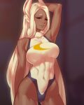  1girl animal_ear_fluff animal_ears arm_behind_head arm_up armpits bare_shoulders black_legwear blonde_hair bodysuit boku_no_hero_academia breasts curvy dark_skin dark-skinned_female highres long_hair looking_at_viewer mirko rabbit_ears red_eyes self_upload simple_background skin_tight smile solo standing tan thigh-highs upsi1on very_long_hair 