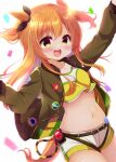  1girl :d animal_ears arms_up bangs black_ribbon blush breasts collarbone commentary_request confetti cowboy_shot crop_top dog_tags ear_ribbon eyebrows_visible_through_hair green_belt green_jacket hair_between_eyes highres horse_ears horse_girl horse_tail jacket kiyo_(yamazoe1122) long_hair long_sleeves looking_at_viewer mayano_top_gun_(umamusume) medium_breasts midriff navel open_clothes open_jacket open_mouth orange_hair ribbon shirt short_shorts shorts sidelocks simple_background smile solo standing tail twintails two_side_up umamusume upper_teeth very_long_hair white_background white_shorts yellow_shirt 