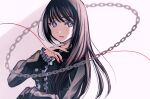  1girl bangs black_hair blunt_bangs chain closed_mouth gogat8 gothic_lolita lipstick lolita_fashion long_hair long_sleeves looking_at_viewer makeup mizuki_nana nail_polish real_life red_nails simple_background solo string string_of_fate upper_body violet_eyes 