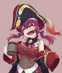  1girl ^_^ ascot bangs beer_mug black_jacket bodystocking breasts brown_background closed_eyes covered_navel cup english_commentary floating_hair hat holding holding_cup hololive houshou_marine jacket medium_breasts mug off_shoulder open_mouth pirate pirate_hat red_neckwear redhead smile solo tflame twintails virtual_youtuber 