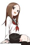  1girl :d absurdres bangs black_legwear black_sailor_collar black_skirt brown_eyes brown_hair feet_out_of_frame forehead highres karakai_jouzu_no_takagi-san kneehighs long_hair long_sleeves looking_at_viewer neckerchief official_art open_mouth parted_bangs pleated_skirt red_neckwear sailor_collar school_uniform serafuku shirt simple_background sitting skirt smile solo takagi-san white_background white_shirt yamamoto_souichirou 