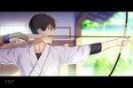  1boy archery arrow_(projectile) bangs blurry blurry_background bow_(weapon) brown_gloves brown_hair collarbone commentary_request dated drawing_bow from_side gloves holding holding_bow_(weapon) holding_weapon japanese_clothes kimono kouno_kb kyuudou male_focus meitantei_conan parted_lips partially_fingerless_gloves profile scotch_(meitantei_conan) short_hair signature single_glove solo upper_body violet_eyes weapon white_kimono wooden_wall yugake 