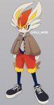  :&lt; arms_at_sides black_footwear brown_jacket buttons cinderace closed_mouth clothed_pokemon commentary_request full_body gen_8_pokemon grey_background highres jacket koke_ojisan long_sleeves open_clothes open_jacket pokemon pokemon_(creature) shoes simple_background sneakers standing watermark 