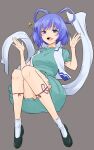  1girl :d \||/ aqua_dress bangs black_footwear blue_eyes blue_hair blush breasts commentary_request dress eyebrows_visible_through_hair floating full_body grey_background hagoromo hair_ornament hair_rings hair_stick hands_up highres kakone kaku_seiga leg_ribbon looking_at_viewer medium_breasts ofuda open_clothes open_mouth open_vest puffy_short_sleeves puffy_sleeves red_ribbon ribbon shawl short_hair short_sleeves simple_background smile solo touhou vest white_legwear white_vest 