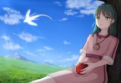  1girl against_tree apple bangs beastlord_(kemono_no_souja_no_erin) clouds day dress food fruit grass green_eyes green_hair holding holding_food holding_fruit jewelry kemono_no_souja_erin long_hair looking_at_viewer mountainous_horizon namidanouta necklace no_pupils outdoors parted_bangs pink_dress short_sleeves sitting solo tree 