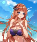  1girl arknights bagpipe_(arknights) bandeau bangs bare_arms bare_shoulders basu_(zhusanan) blue_eyes blue_sky chinese_commentary clouds commentary day eyebrows_visible_through_hair hands_up highres horns long_hair looking_at_viewer midriff orange_hair sky smile solo stomach strapless tubetop upper_body very_long_hair 