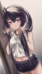  1girl absurdres ahoge bangs bare_arms bare_shoulders black_hair black_shorts blurry blurry_background blush breasts commentary_request cowboy_shot dutch_angle grin hair_between_eyes hair_ribbon highres holding holding_hair long_hair looking_at_viewer medium_breasts midriff navel original purple_ribbon revision ribbon shiny shiny_hair shirt short_shorts shorts sleeveless sleeveless_shirt smile solo stomach thighs torriet twintails violet_eyes white_shirt 