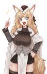  1girl :d animal_ear_fluff animal_ears arknights bangs belt black_headwear black_legwear blonde_hair blue_eyes breasts buchi_k018 cape commentary_request cowboy_shot garrison_cap hair_ribbon hand_on_hip hand_up hat horse_ears horse_girl horse_tail index_finger_raised long_hair long_sleeves looking_at_viewer open_mouth ribbon short_eyebrows smile solo standing tail thigh-highs thighs whislash_(arknights) white_cape 
