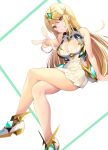  1girl bangs bare_legs bare_shoulders blonde_hair breasts chest_jewel cleavage_cutout clothing_cutout daive dress earrings elbow_gloves gloves highres jewelry large_breasts long_hair mythra_(xenoblade) short_dress swept_bangs thigh_strap tiara very_long_hair white_dress white_footwear white_gloves xenoblade_chronicles_(series) xenoblade_chronicles_2 yellow_eyes 