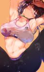  1girl 3; arito_arayuru armpits arms_up bare_arms bare_shoulders black_hair black_pants blue_archive breasts choker collarbone crop_top green_choker hair_ornament highres large_breasts long_hair looking_at_viewer midriff navel one_eye_closed orange_background pants ponytail simple_background sleeveless solo sports_bra stomach sumire_(blue_archive) sweat track_pants violet_eyes 