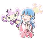  1girl ;d aipom bangs blue_eyes blue_hair coat commentary_request hikari_(pokemon) eyelashes gen_2_pokemon hair_ornament hairclip hands_together long_sleeves looking_back monoshiri_hakase one_eye_closed open_mouth pink_coat pokemon pokemon_(anime) pokemon_(creature) pokemon_dppt_(anime) pokemon_on_back scarf simple_background sketch smile tongue upper_body white_background white_scarf 