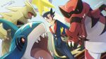 1boy bangs black_hair black_jacket black_pants buttons commentary_request elite_four gen_2_pokemon gen_3_pokemon gen_5_pokemon grimsley_(pokemon) hair_between_eyes hand_on_hip highres jacket krookodile long_scarf long_sleeves looking_at_viewer male_focus momoji_(lobolobo2010) outdoors pants parted_lips pokemon pokemon_(creature) pokemon_(game) pokemon_bw pokemon_masters_ex scarf sharpedo smile spiky_hair standing translation_request tyranitar yellow_scarf 