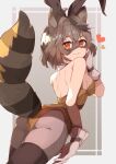  1girl :3 animal_ears backless_leotard bangs brown_eyes brown_hair commission detached_collar from_behind gloves grey_gloves hand_on_own_face heart highres indie_virtual_youtuber leotard looking_back pantyhose playboy_bunny_leotard pochi_(0523meiken) raccoon_ears raccoon_girl raccoon_tail short_hair skeb_commission smile snuffy_(vtuber) solo tail thigh-highs yellow_leotard 