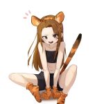  1girl absurdres animal_ears bangs bare_arms bare_shoulders black_shorts brown_eyes brown_hair claws collarbone commentary_request fake_animal_ears fake_claws fake_tail full_body gloves highres idolmaster idolmaster_(classic) idolmaster_million_live! kouki_(chancegak) long_hair looking_at_viewer minase_iori navel notice_lines open_mouth orange_gloves pink_eyes shorts simple_background sitting solo strapless tail tiger_ears tiger_tail tubetop upper_teeth white_background 