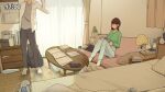  1boy 1girl bed black_pants book brown_hair couch curtains head_out_of_frame indoors looking_at_another on_couch original pants pillow short_hair sitting standing stuffed_animal stuffed_toy table wakamatsu372 window 