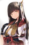  absurdres breasts gloves hair_ornament highres hime_cut hinoa japanese_clothes kimono large_breasts long_hair monster_hunter_(series) monster_hunter_rise risumi_(taka-fallcherryblossom) simple_background solo yellow_eyes 