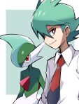  1boy ayo_(ayosanri009) bangs border bright_pupils closed_mouth collared_shirt commentary_request gallade gen_4_pokemon green_background green_hair looking_at_viewer male_focus necktie outside_border pokemon pokemon_(anime) pokemon_(creature) pokemon_swsh_(anime) red_neckwear rinto_(pokemon) shirt short_hair smile upper_body violet_eyes white_border white_pupils white_shirt 