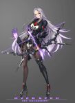  1girl arrow_(projectile) black_footwear black_gloves boots bow_(weapon) breasts brown_legwear chromatic_aberration covered_navel earrings english_text fingerless_gloves fingernails fire flame girls_frontline glint gloves gradient gradient_background grey_hair hair_between_eyes high_heels highres holding holding_arrow holding_bow_(weapon) holding_weapon jewelry knee_boots leotard long_hair mad_kimo necktie pantyhose parted_lips partially_fingerless_gloves pink_lips purple_fire quiver red_neckwear school_uniform science_fiction single_earring single_knee_boot solo uniform very_long_hair violet_eyes weapon white_leotard 
