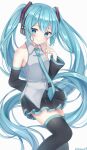  1girl absurdly_long_hair absurdres arm_behind_back bangs bare_shoulders black_hair black_legwear black_skirt black_sleeves blue_eyes blue_neckwear blush breasts collared_shirt commentary_request eyebrows_visible_through_hair feet_out_of_frame finger_to_cheek hair_ornament hatsune_miku highres long_hair long_sleeves looking_at_viewer necktie noneon319 pleated_skirt shirt skirt smile solo standing thigh-highs twintails twitter_username very_long_hair vocaloid white_background white_shirt wide_sleeves 
