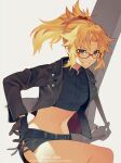  1girl artist_name bangs belt black_belt black_gloves black_jacket blonde_hair braid collared_shirt commentary_request cropped_shirt fate/apocrypha fate_(series) glasses gloves grin hair_ornament hair_scrunchie highres holding_strap jacket long_hair looking_at_viewer meiji_ken midriff mordred_(fate) mordred_(fate)_(all) navel open_clothes open_jacket ponytail red_scrunchie repost_notice scrunchie shirt shorts sidelocks smile solo 