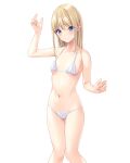  1girl absurdres arm_up bangs bare_arms bare_legs bare_shoulders bikini blonde_hair blue_eyes blush breasts collarbone commentary_request eyebrows_visible_through_hair halterneck highres long_hair looking_at_viewer marui_koishi navel original revision sidelocks simple_background small_breasts solo string_bikini swimsuit swimwear under_boob white_background white_bikini white_swimsuit 