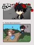  1boy 1girl amamiya_ren artist_name black_hair brown_hair chibi curly_hair embarrassed english_text flower goro_orb hair_flower hair_ornament heart highres morgana_(persona_5) okumura_haru persona persona_5 rose short_hair valentine 