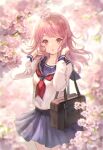  1girl :o absurdres bag bang_dream! blue_skirt blush cherry_blossoms eyebrows_visible_through_hair highres looking_at_viewer maruyama_aya medium_hair midriff nogi_momoko open_mouth outdoors pink_eyes pink_hair pleated_skirt school_bag school_uniform serafuku shoulder_bag skirt solo standing thighs 