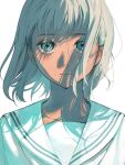  1girl bangs blank_stare close-up closed_mouth collarbone commentary expressionless face grey_eyes grey_hair highres kotatiyu looking_at_viewer monochrome original pale_color portrait sailor_collar short_hair simple_background solo white_background wind 