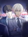  4boys amuro_tooru bangs black_neckwear blonde_hair blue_eyes blue_jacket blue_neckwear blue_suit blurry brown_hair car collared_shirt commentary_request crossed_arms dated depth_of_field facial_hair formal grey_jacket grey_suit ground_vehicle hair_between_eyes highres jacket kouno_kb long_sleeves looking_at_another male_focus meitantei_conan motor_vehicle multiple_boys necktie out_of_frame outdoors parted_lips police police_car scotch_(meitantei_conan) serious shirt short_hair signature sky stubble suit upper_body violet_eyes watch watch white_shirt 