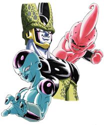  3boys absurdres black_lips black_nails black_sclera cell_(dragon_ball) clenched_hand clenched_teeth colored_sclera colored_skin commentary_request dragon_ball dragon_ball_z frieza grey_skin highres looking_at_viewer majin_buu male_focus multiple_boys nagare_seiya parted_lips perfect_cell pink_skin red_eyes sharp_teeth simple_background smile teeth toriyama_akira_(style) white_background 