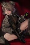  1girl absurdres bangs black_footwear black_gloves blush brown_hair bullpup closed_mouth coat collared_shirt double_bun eyebrows_visible_through_hair girls_frontline gloves gun highres holding holding_gun holding_weapon licking_lips long_sleeves necktie off_shoulder p90 p90_(girls_frontline) red_eyes sd_bigpie shirt short_hair sitting solo submachine_gun tongue tongue_out weapon 