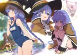  1boy 1girl alternate_costume black_headwear blue_eyes blue_hair braid closed_mouth eyebrows_visible_through_hair flat_chest gabu_(az210309) hair_between_eyes hat highres long_hair looking_at_viewer multiple_views mushoku_tensei old_school_swimsuit one-piece_swimsuit open_mouth panties roxy_migurdia rudeus_greyrat school_swimsuit sitting swimsuit twin_braids underwear wavy_mouth white_panties witch_hat 