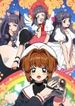  2girls animal_ears apron bell black_hair blush bow brown_hair camera cardcaptor_sakura cat_ears clouds cosplay daidouji_tomoyo dress gloves green_eyes grey_eyes hand_on_own_cheek hand_on_own_face highres jingle_bell kinomoto_sakura kinomoto_sakura_(cosplay) long_hair looking_at_viewer maid multiple_girls personality_switch pink_bow rainbow red_bow reverse_outfit school_uniform tomoeda_elementary_school_uniform white_gloves wings wrist_cuffs 