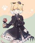  1girl animal_ears arknights bangs belt black_belt black_neckwear blonde_hair blush cat_ears cat_tail commentary_request food fruit fuco gloves green_eyes hat holding holding_food holding_fruit long_sleeves looking_at_viewer medium_hair mousse_(arknights) multicolored_hair open_mouth paw_print skirt smile solo tail upper_body white_hair 