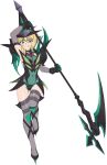  1girl absurdres akatsuki_kirika arm_up blonde_hair blush breasts chuunioniika covered_navel full_body green_eyes green_leotard highres leotard looking_at_viewer medium_breasts scythe senki_zesshou_symphogear shiny shiny_hair shiny_skin short_hair simple_background skin_tight solo standing striped striped_legwear tongue tongue_out white_background 