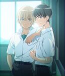  2boys amuro_tooru backlighting bangs belt black_belt black_hair black_pants blonde_hair blue_eyes buttons classroom closed_mouth collared_shirt commentary_request cowboy_shot dated dress_shirt elbow_on_another&#039;s_shoulder eyebrows_visible_through_hair hair_between_eyes hand_in_pocket highres indoors kouno_kb looking_at_viewer male_focus meitantei_conan multiple_boys pants school_uniform scotch_(meitantei_conan) serious shirt shirt_tucked_in short_hair signature smile standing violet_eyes white_shirt younger 