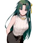  1girl arms_behind_back bangs black_skirt closed_mouth eyebrows_visible_through_hair green_eyes green_hair hair_over_eyes hair_ribbon highres higurashi_no_naku_koro_ni jewelry long_hair looking_at_viewer nima_(nimamann) parted_bangs ribbon simple_background skirt sleeveless sleeveless_turtleneck smile solo sonozaki_shion sweater turtleneck turtleneck_sweater white_background yellow_ribbon 