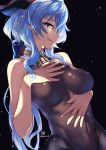  1girl :d absurdres bare_shoulders bell black_background black_legwear black_leotard blue_hair bow breasts covered_navel covered_nipples cowbell ganyu_(genshin_impact) genshin_impact grin hair_bow half-closed_eyes hand_on_own_chest highres horns koufu_(seratin) leotard long_hair medium_breasts open_mouth pantyhose simple_background skin_tight smile 