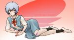  1girl ayanami_rei bandaid bangs black_legwear blue_hair expressionless fenixman12 highres lying neon_genesis_evangelion on_side red_eyes red_neckwear red_ribbon ribbon school_uniform shirt shoes short_hair short_sleeves socks solo uniform white_footwear white_shirt 