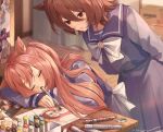  2girls absurdres agnes_digital_(umamusume) agnes_tachyon_(umamusume) amazon_(company) animal_ears back_bow bangs bow box brand_name_imitation brown_hair cardboard_box closed_eyes curtains drawing eraser hair_between_eyes head_on_arm highres holding holding_marker horse_ears horse_girl huge_filesize leaning_forward long_hair long_sleeves marker mouth_drool multiple_girls open_mouth paper pen pink_hair poster_(object) puffy_long_sleeves puffy_sleeves red_eyes school_uniform short_hair signature skirt sleeping smart_falcon_(umamusume) table tracen_school_uniform twitter_username two_side_up umamusume wooden_floor yogukasu 