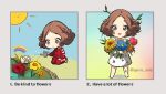  1girl artist_name chibi curly_hair english_text flower highres okumura_haru persona persona_5 short_hair smile watering watering_can 