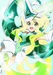  1girl absurdres akatsuki_kirika blonde_hair blush breasts covered_navel elbow_gloves gloves glowing glowing_hair gradient_hair green_eyes green_hair green_leotard highres kanaden leotard long_hair medium_breasts multicolored_hair open_mouth senki_zesshou_symphogear shiny shiny_hair shiny_skin smile striped striped_legwear thigh-highs 