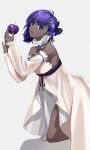  1girl absurdres apple bare_shoulders dark_skin dark-skinned_female dress fate/grand_order fate_(series) food fruit grey_background hair_ornament hairpin hassan_of_serenity_(fate) highres looking_at_viewer lostroom_outfit_(fate) missholmes official_alternate_costume open_clothes open_dress pink_dress purple_hair ribbon short_hair smile solo strapless strapless_dress thighs violet_eyes 
