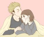  1boy 1girl bed bed_sheet bedroom blonde_hair brown_eyes brown_hair closed_eyes couple forehead_kiss haikyuu!! hetero hi-259 highres jewelry kiss light_blush looking_to_the_side lying misaki_hana multicolored_hair pajamas pillow short_hair simple_background single_earring terushima_yuuji two-tone_hair 