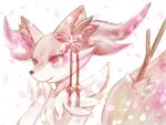  animal_ear_fluff braixen closed_mouth commentary_request from_side gen_6_pokemon hand_up okowa_0141 petals pokemon pokemon_(creature) smile solo stick upper_body white_background 